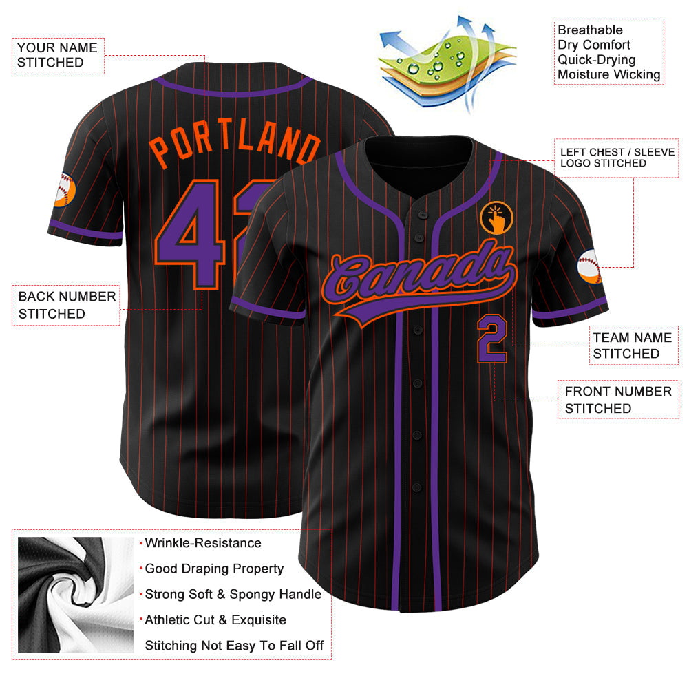 Custom Black Orange Pinstripe Purple Authentic Baseball Jersey baseball jersey product view 3
