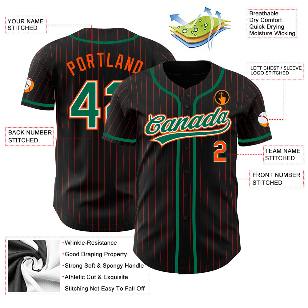 Custom Black Orange Pinstripe Kelly Green-White Authentic Baseball Jersey baseball jersey product view 3