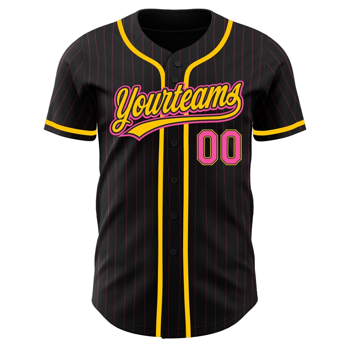 Custom Black Pink Pinstripe Pink-Yellow Authentic Baseball Jersey baseball jersey product view 2
