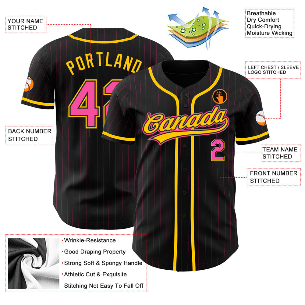 Custom Black Pink Pinstripe Pink-Yellow Authentic Baseball Jersey baseball jersey product view 3