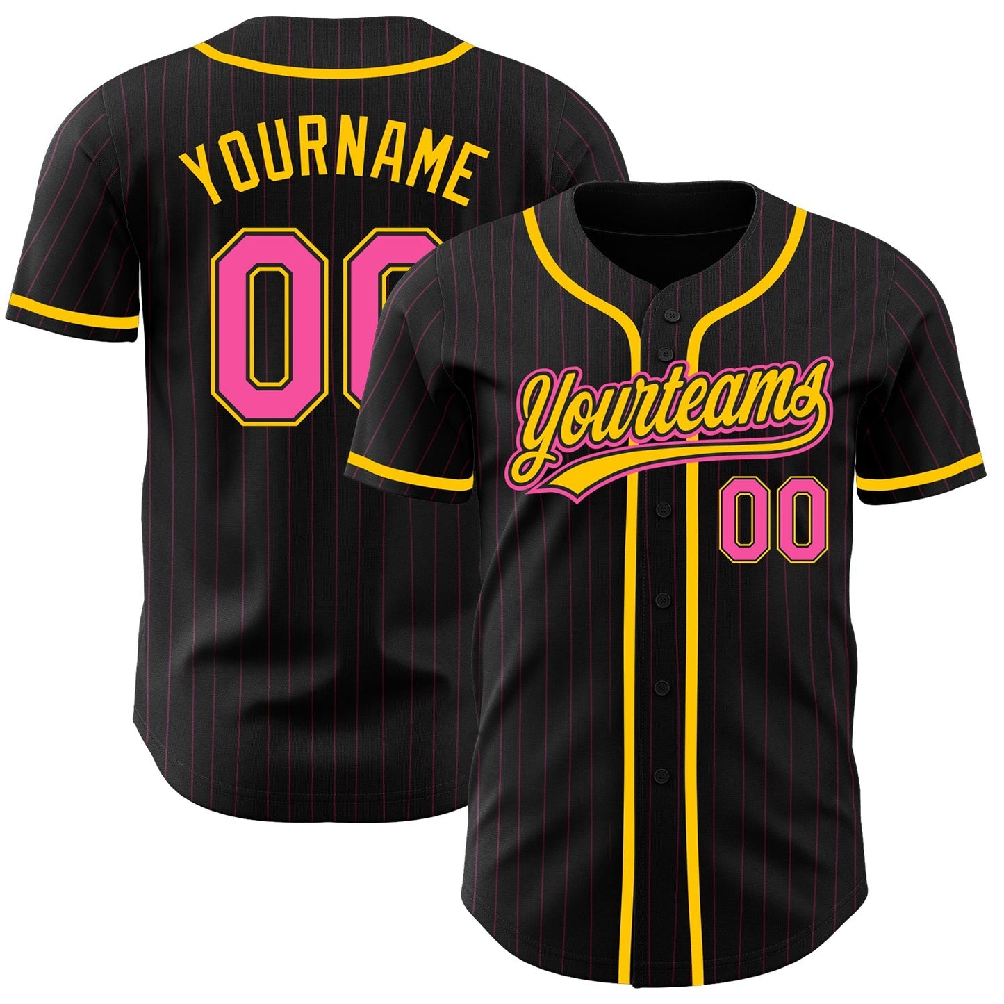 Custom Black Pink Pinstripe Pink-Yellow Authentic Baseball Jersey baseball jersey product view 1