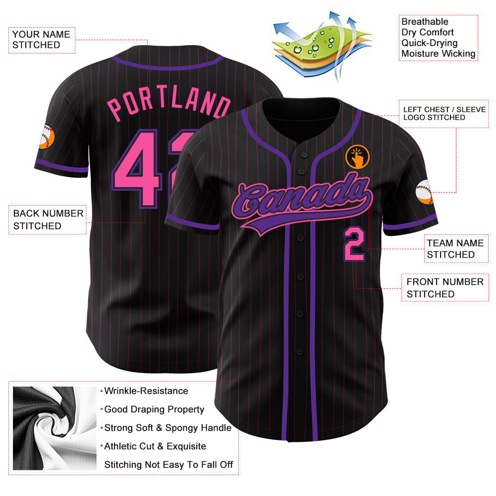Custom Black Pink Pinstripe Pink-Purple Authentic Baseball Jersey baseball jersey product view 3