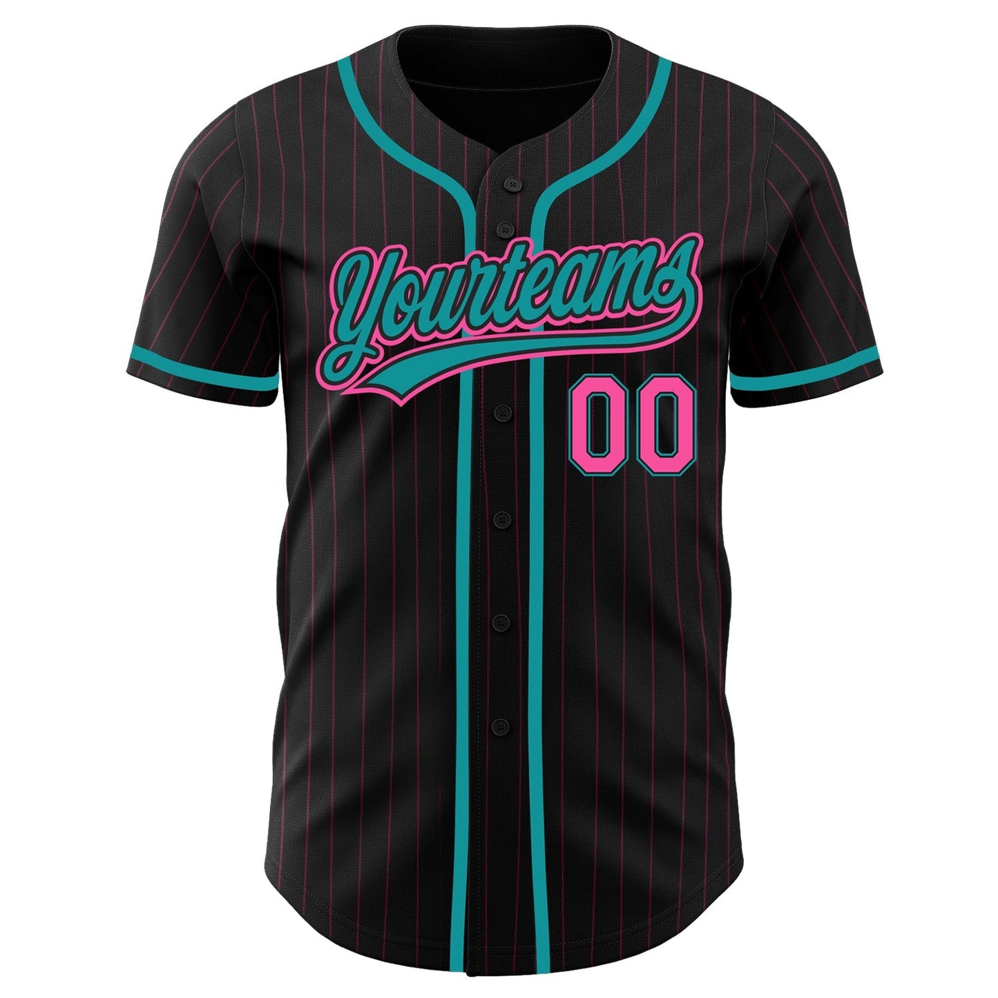 Custom Black Pink Pinstripe Pink-Teal Authentic Baseball Jersey baseball jersey product view 2