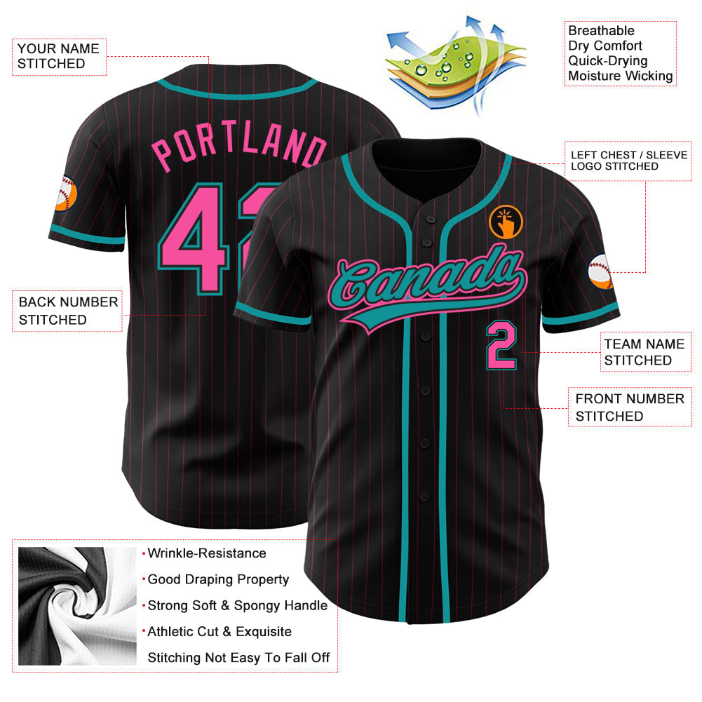 Custom Black Pink Pinstripe Pink-Teal Authentic Baseball Jersey baseball jersey product view 3