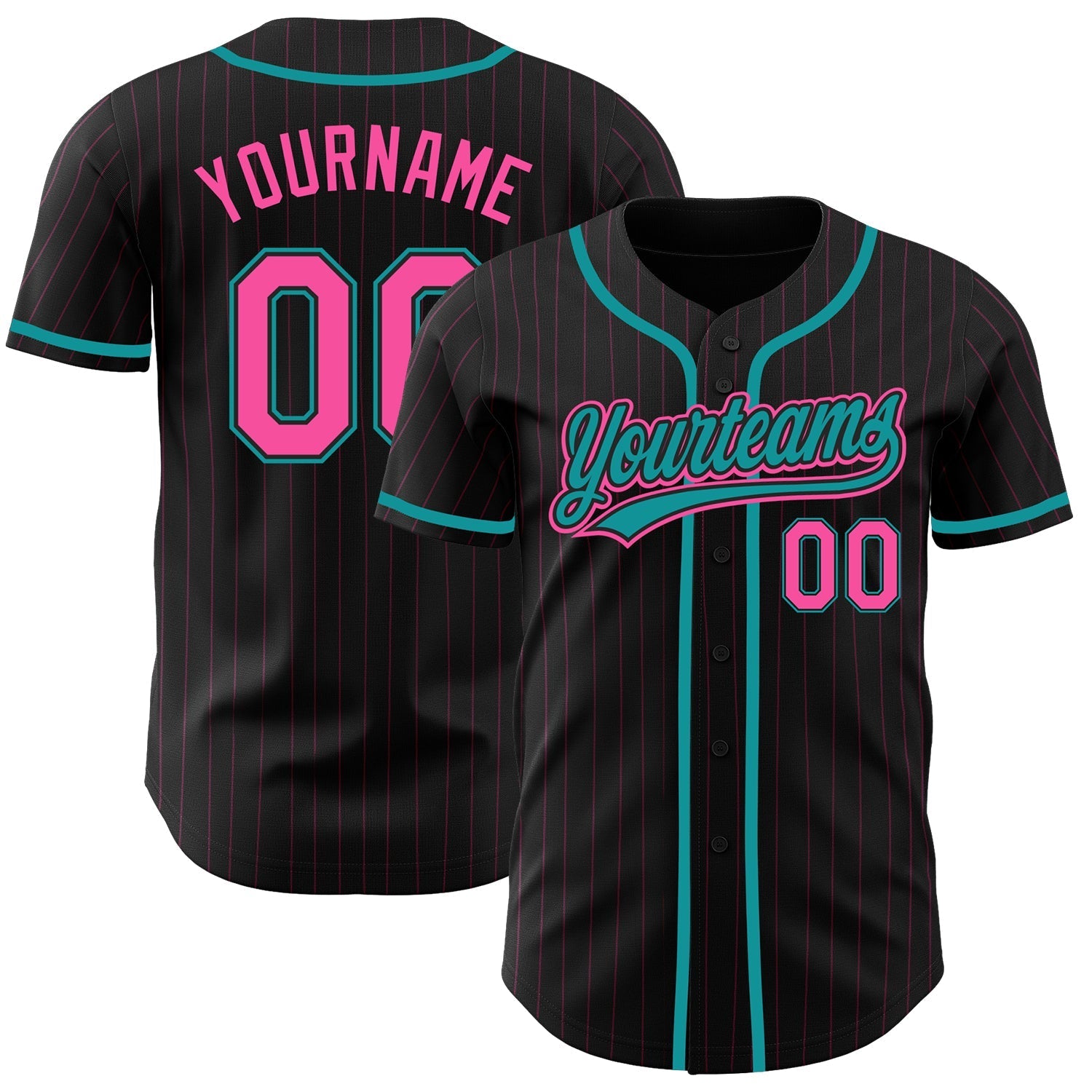 Custom Black Pink Pinstripe Pink-Teal Authentic Baseball Jersey baseball jersey product view 1