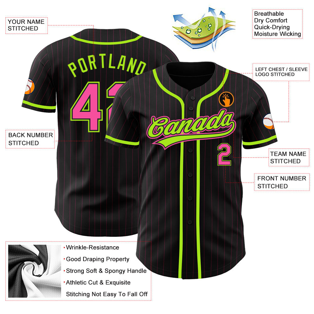 Custom Black Pink Pinstripe Pink-Neon Green Authentic Baseball Jersey baseball jersey product view 3