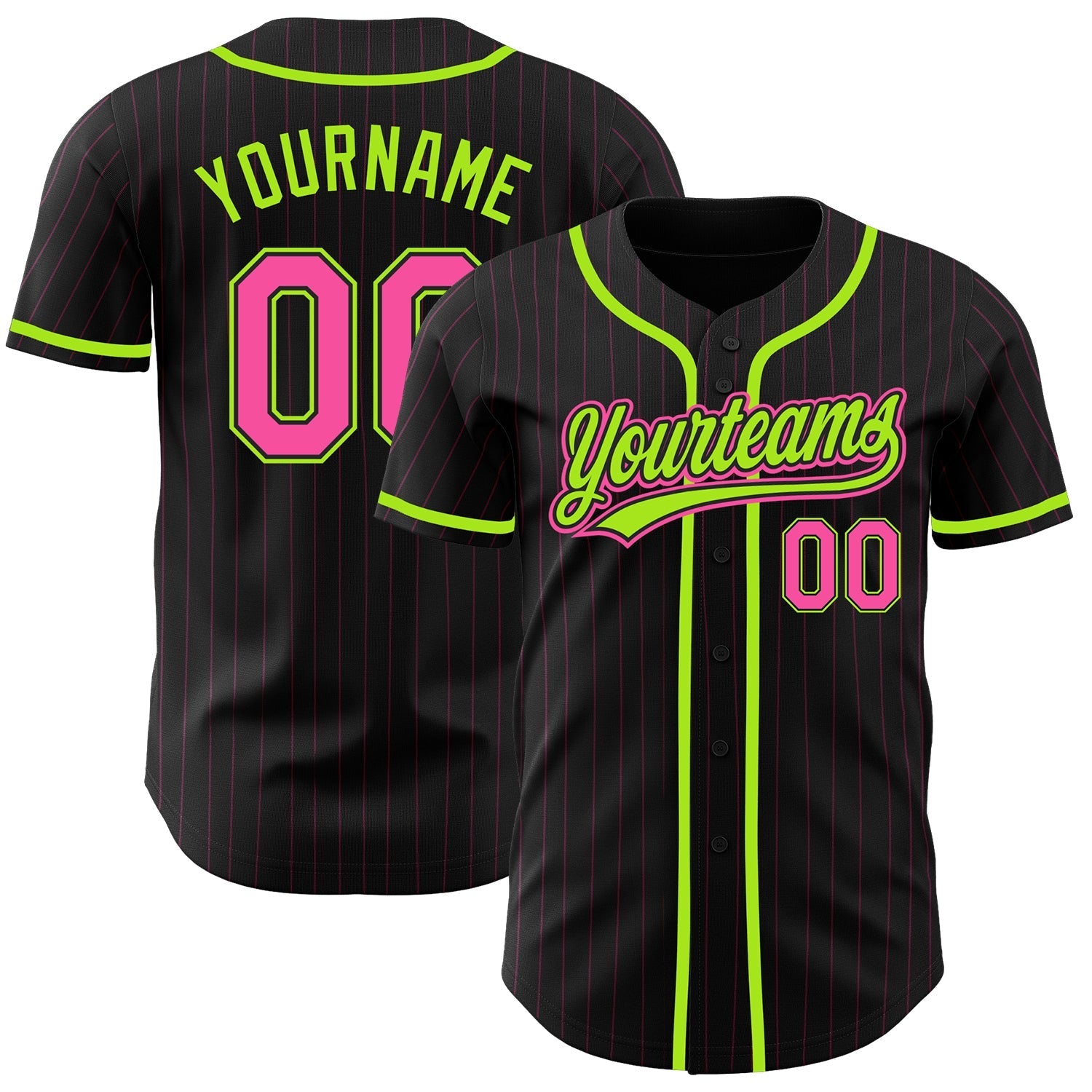 Custom Black Pink Pinstripe Pink-Neon Green Authentic Baseball Jersey baseball jersey product view 1