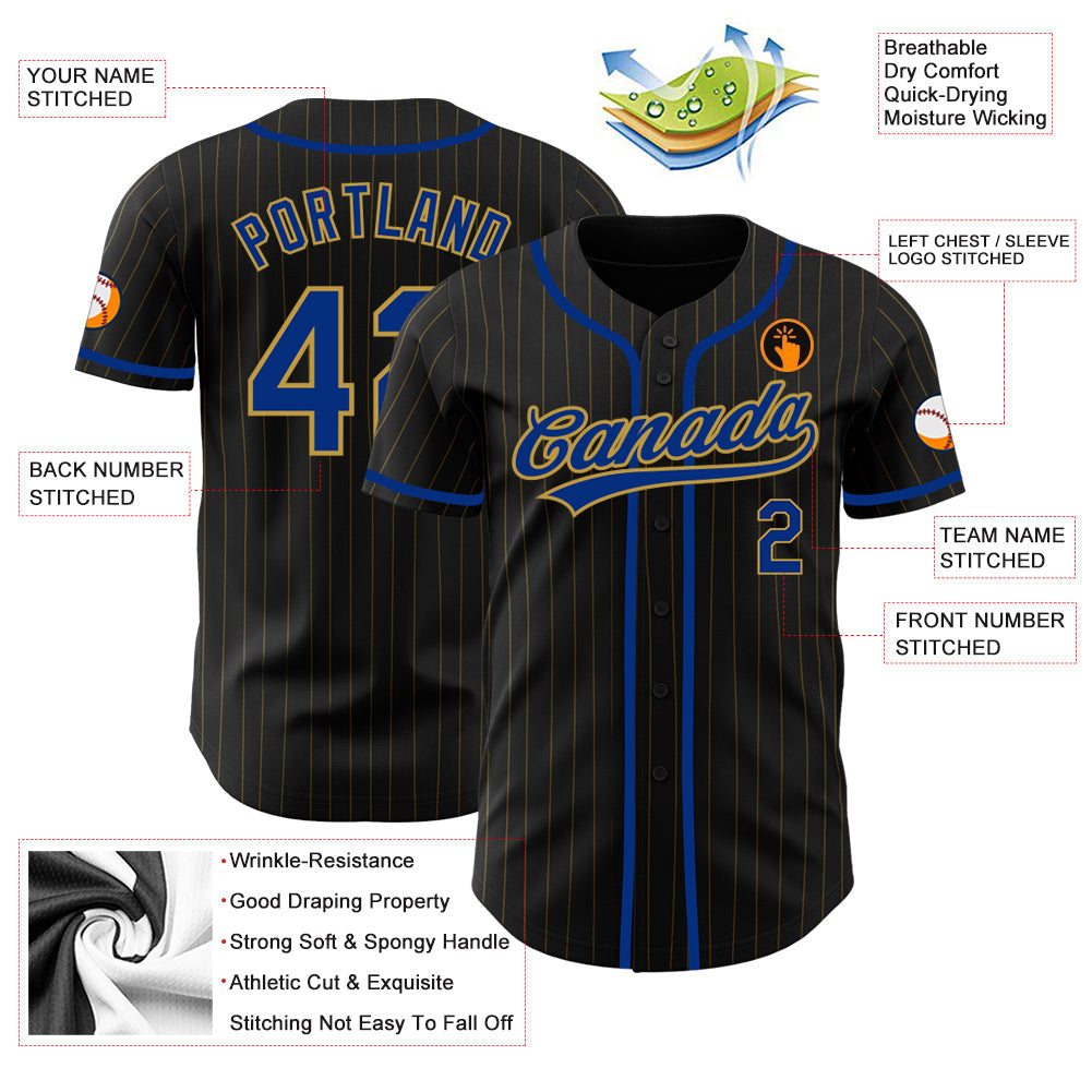 Custom Black Old Gold Pinstripe Royal Authentic Baseball Jersey baseball jersey product view 3
