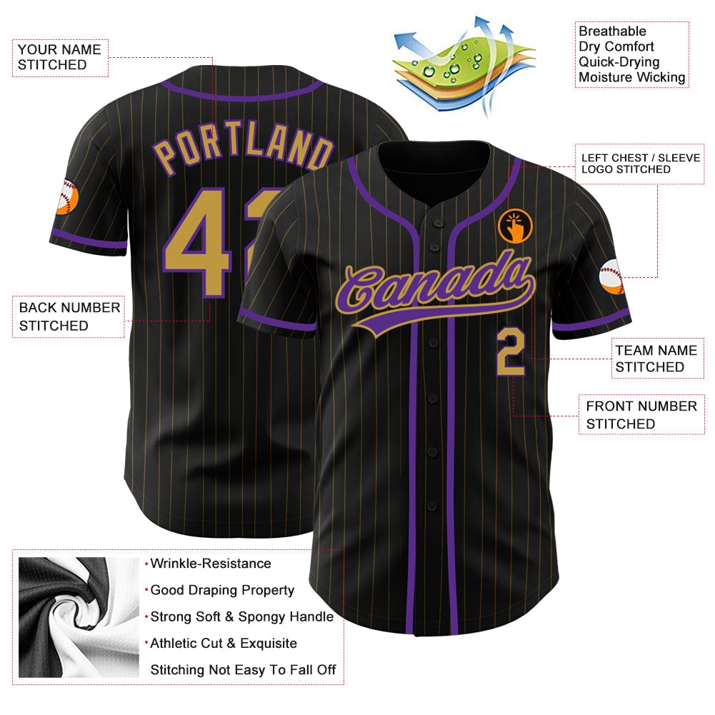 Custom Black Old Gold Pinstripe Old Gold-Purple Authentic Baseball Jersey baseball jersey product view 3