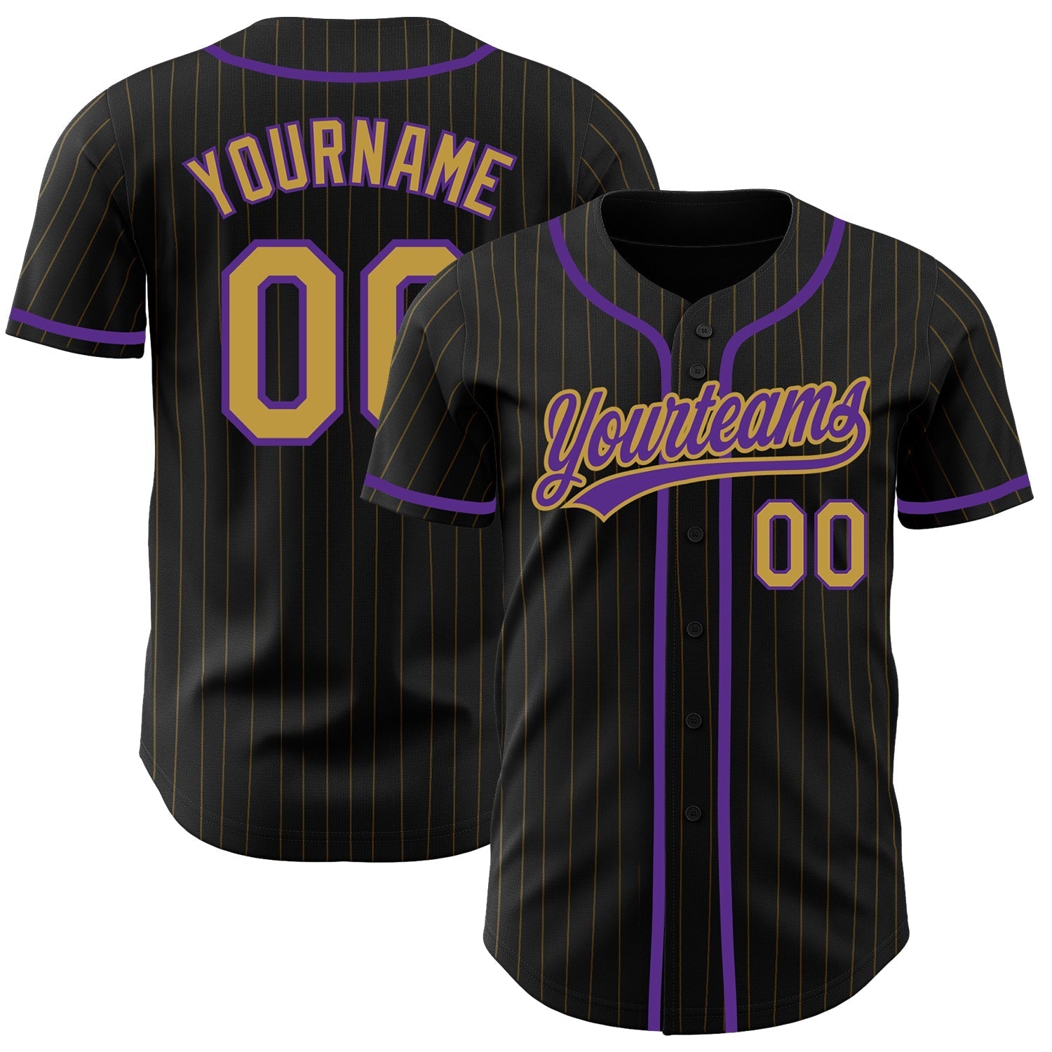 Custom Black Old Gold Pinstripe Old Gold-Purple Authentic Baseball Jersey baseball jersey product view 1