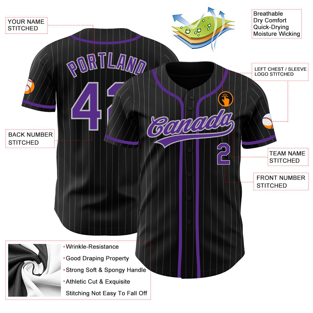 Custom Black Gray Pinstripe Purple Authentic Baseball Jersey baseball jersey product view 3
