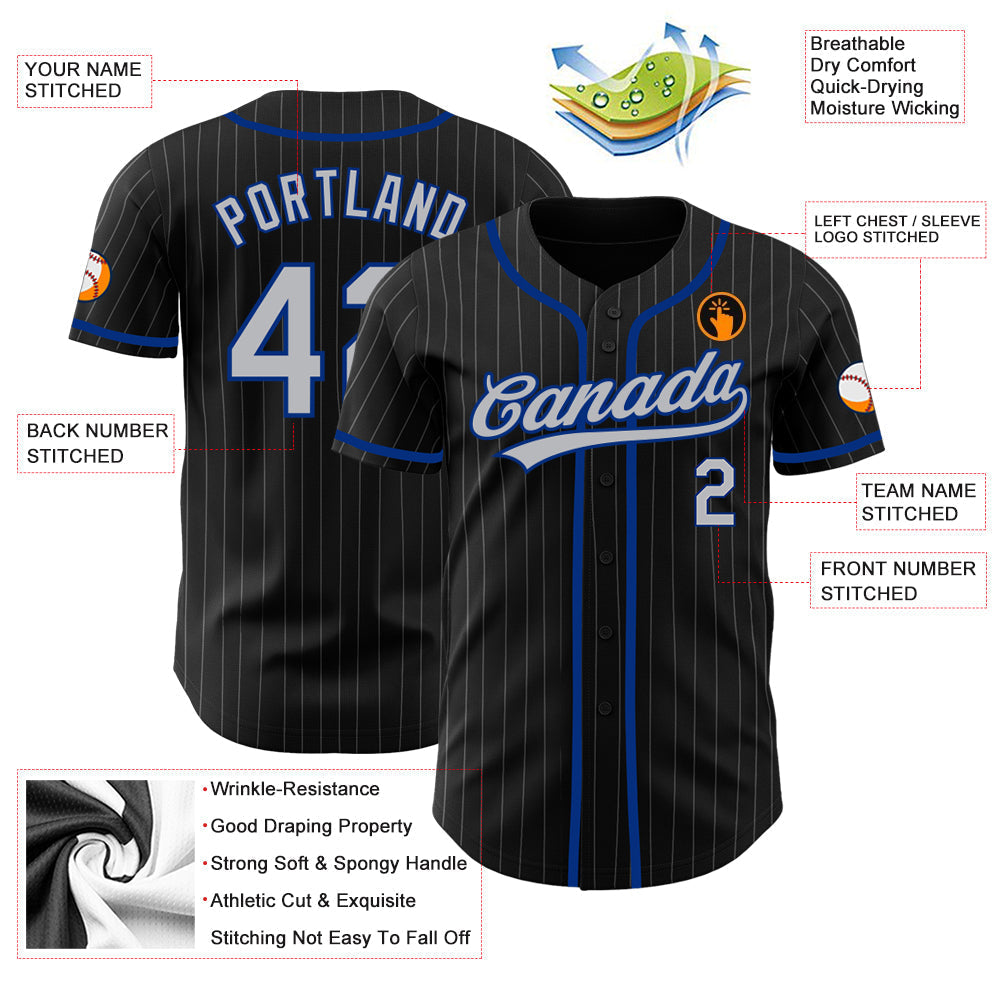 Custom Black Gray Pinstripe Gray-Royal Authentic Baseball Jersey baseball jersey product view 3
