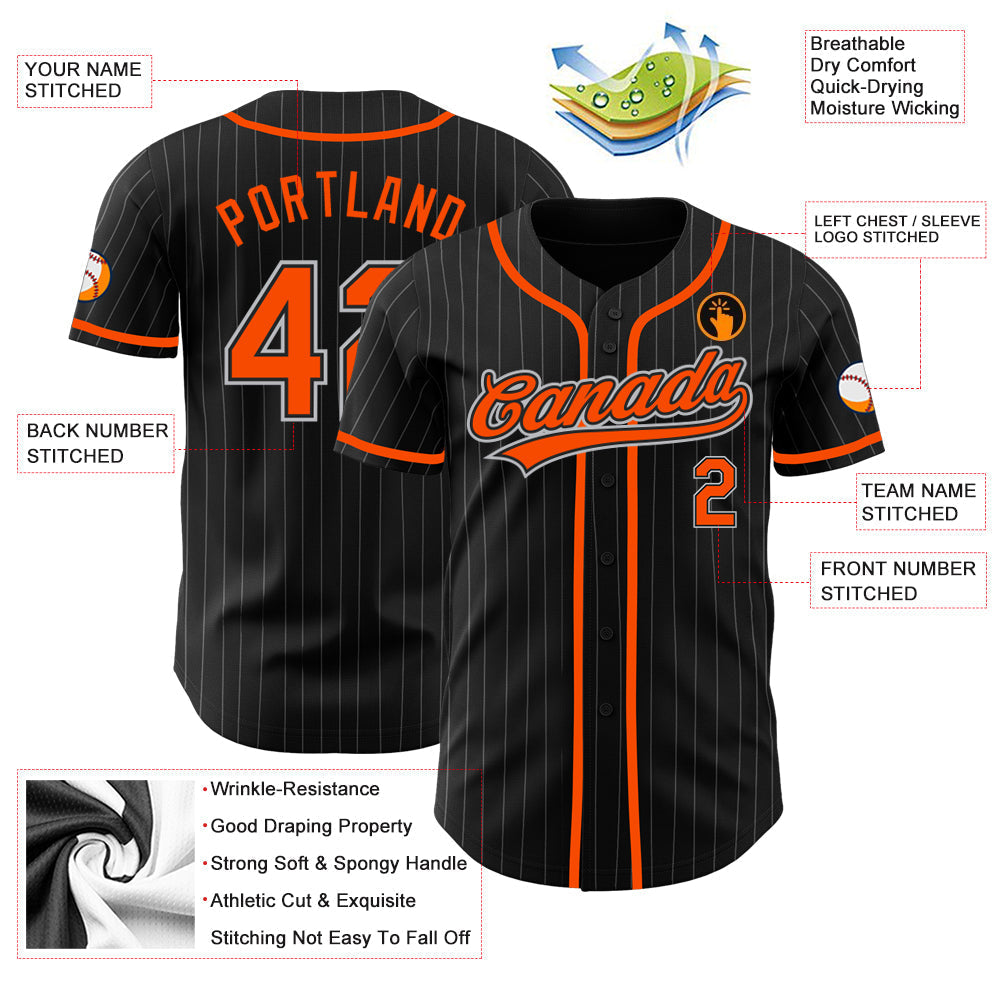 Custom Black Gray Pinstripe Orange Authentic Baseball Jersey baseball jersey product view 3