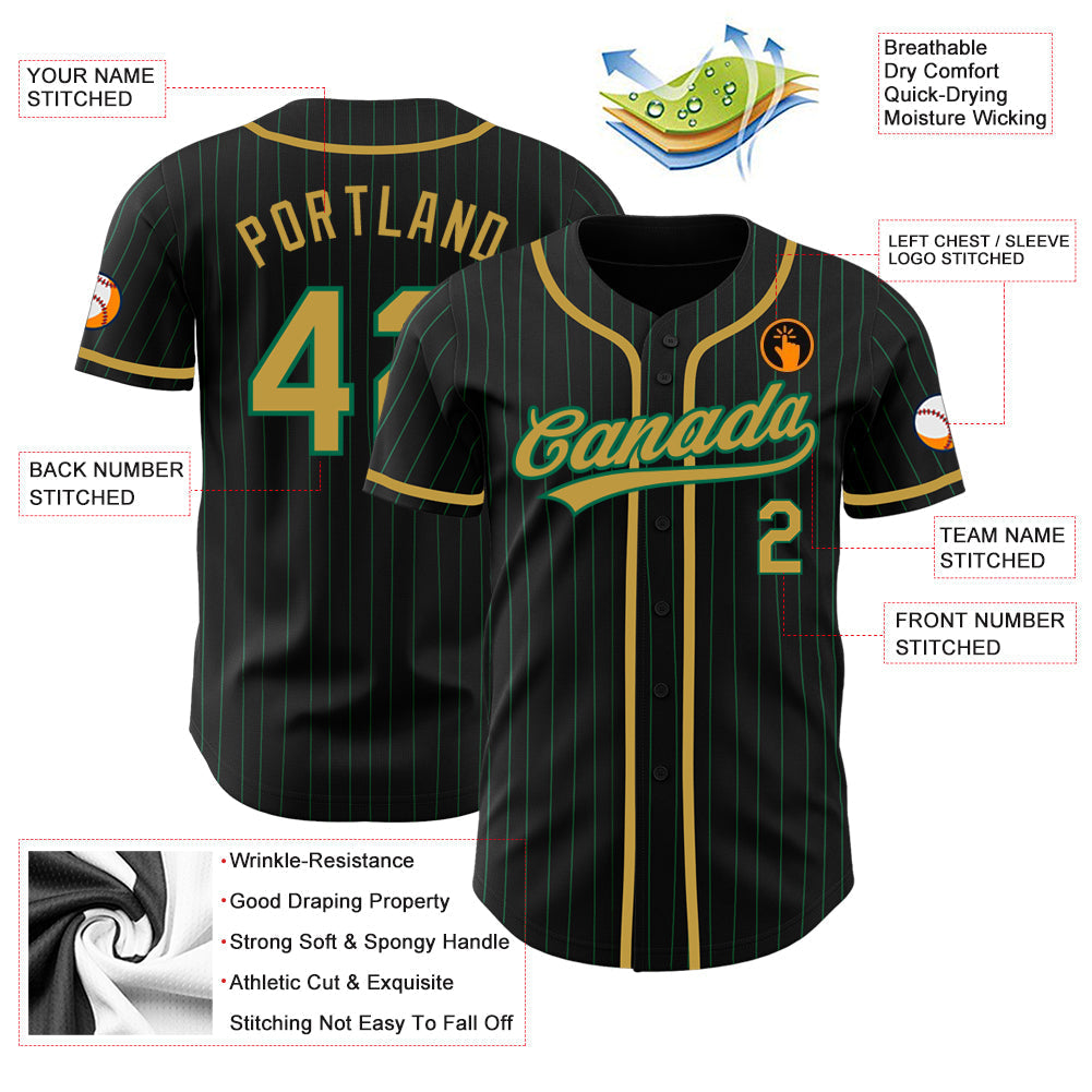 Custom Black Kelly Green Pinstripe Old Gold Authentic Baseball Jersey baseball jersey product view 3