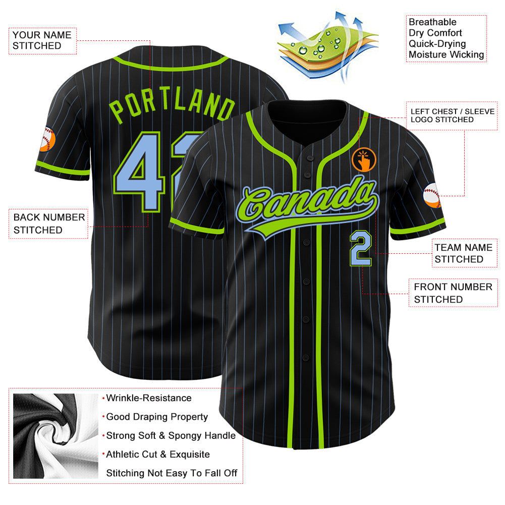 Custom Black Light Blue Pinstripe Light Blue-Neon Green Authentic Baseball Jersey baseball jersey product view 3
