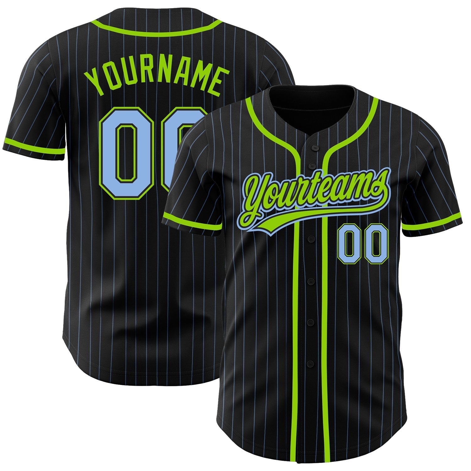 Custom Black Light Blue Pinstripe Light Blue-Neon Green Authentic Baseball Jersey baseball jersey product view 1
