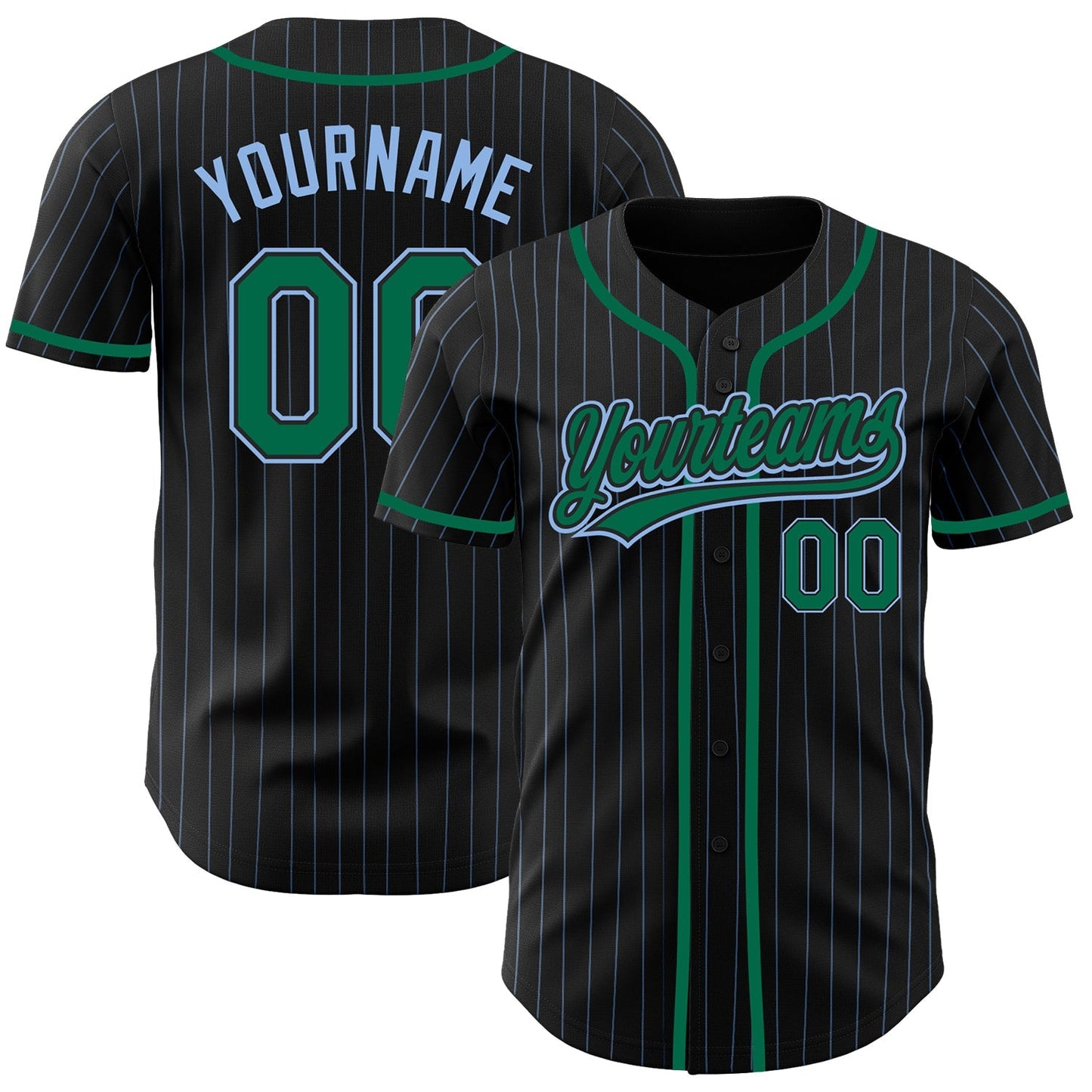 Custom Black Light Blue Pinstripe Kelly Green Authentic Baseball Jersey baseball jersey product view 1