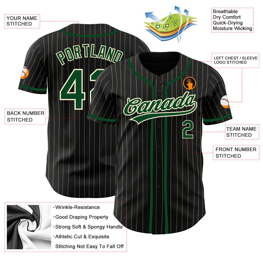 Custom Black Cream Pinstripe Green Authentic Baseball Jersey baseball jersey product view 4