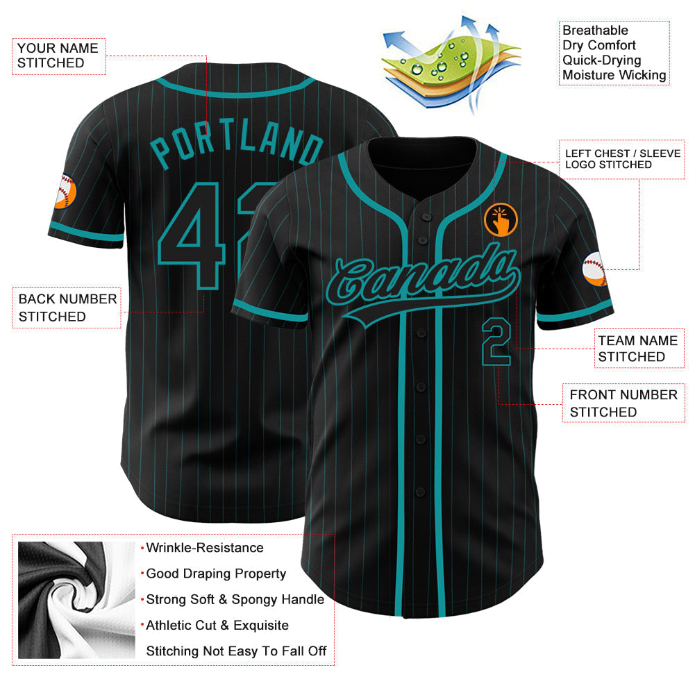Custom Black Teal Pinstripe Black Authentic Baseball Jersey baseball jersey product view 3