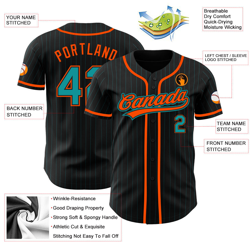 Custom Black Teal Pinstripe Teal-Orange Authentic Baseball Jersey baseball jersey product view 3