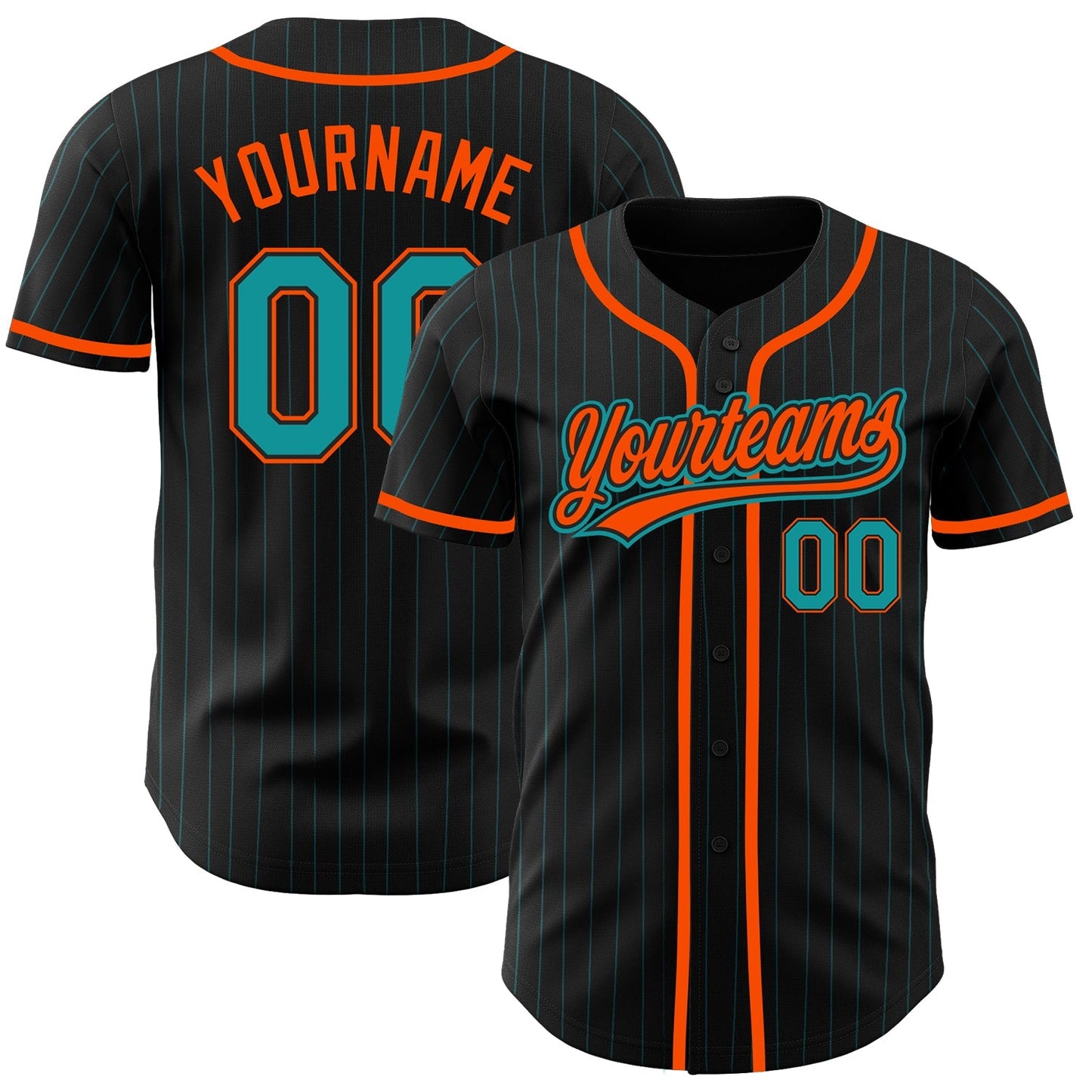 Custom Black Teal Pinstripe Teal-Orange Authentic Baseball Jersey baseball jersey product view 1