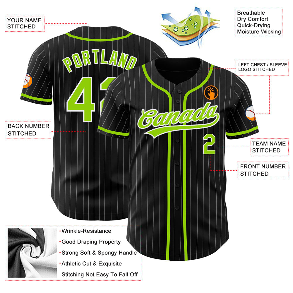 Custom Black White Pinstripe Neon Green Authentic Baseball Jersey baseball jersey product view 3