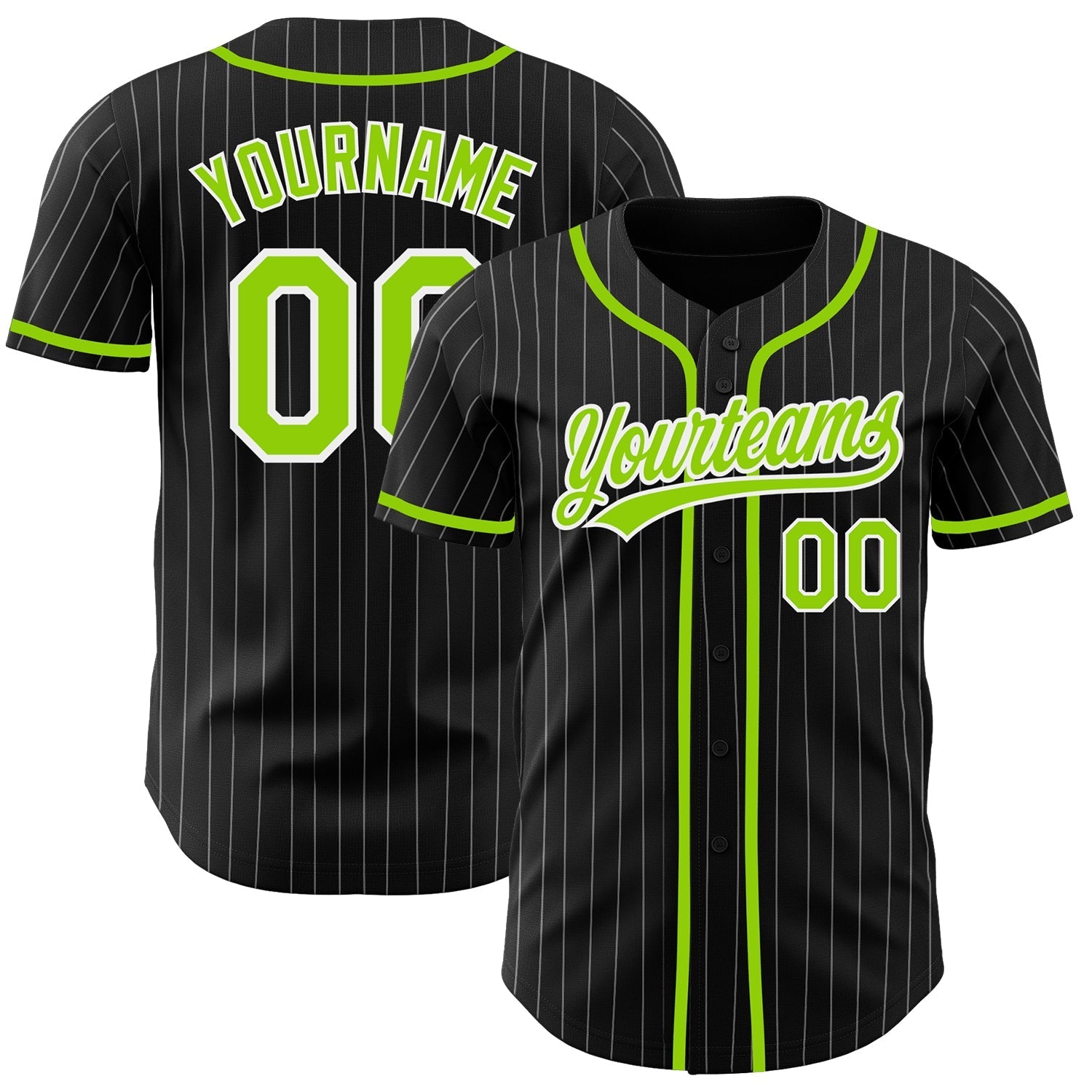 Custom Black White Pinstripe Neon Green Authentic Baseball Jersey baseball jersey product view 1