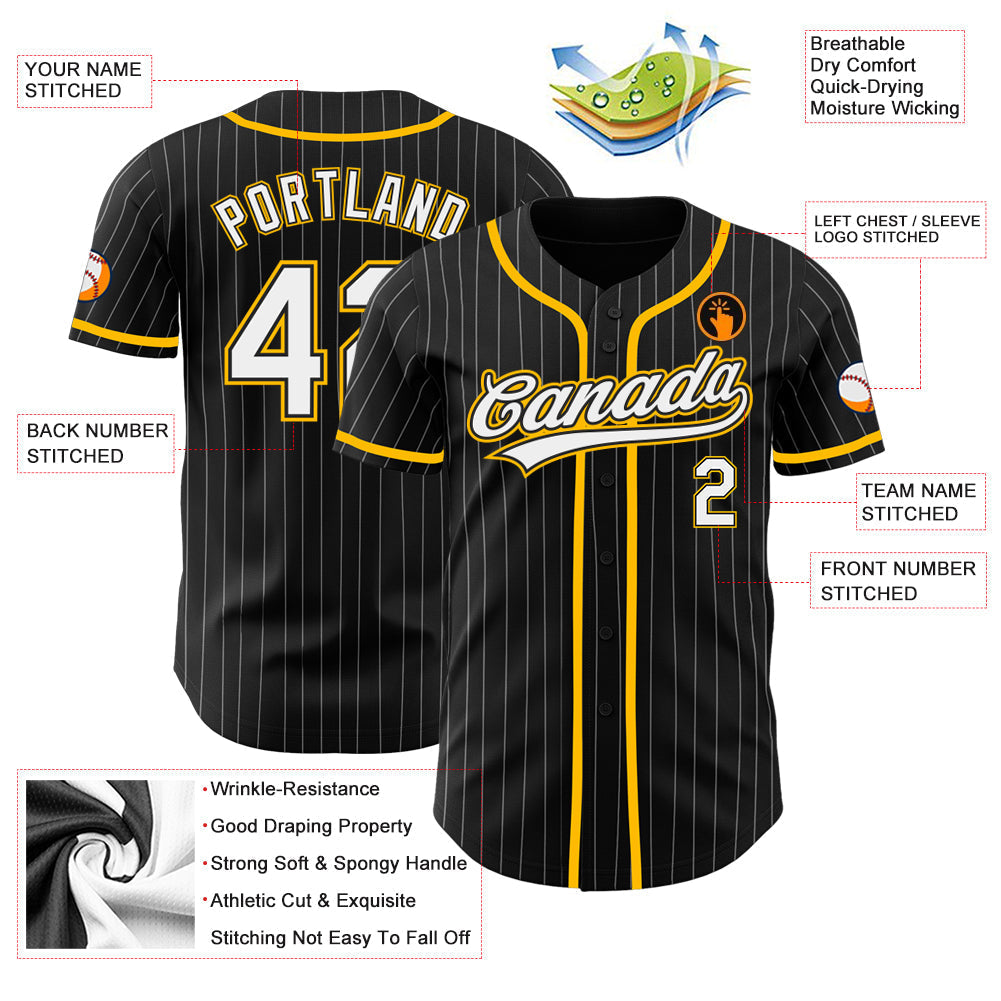 Custom Black White Pinstripe White-Gold Authentic Baseball Jersey baseball jersey product view 3