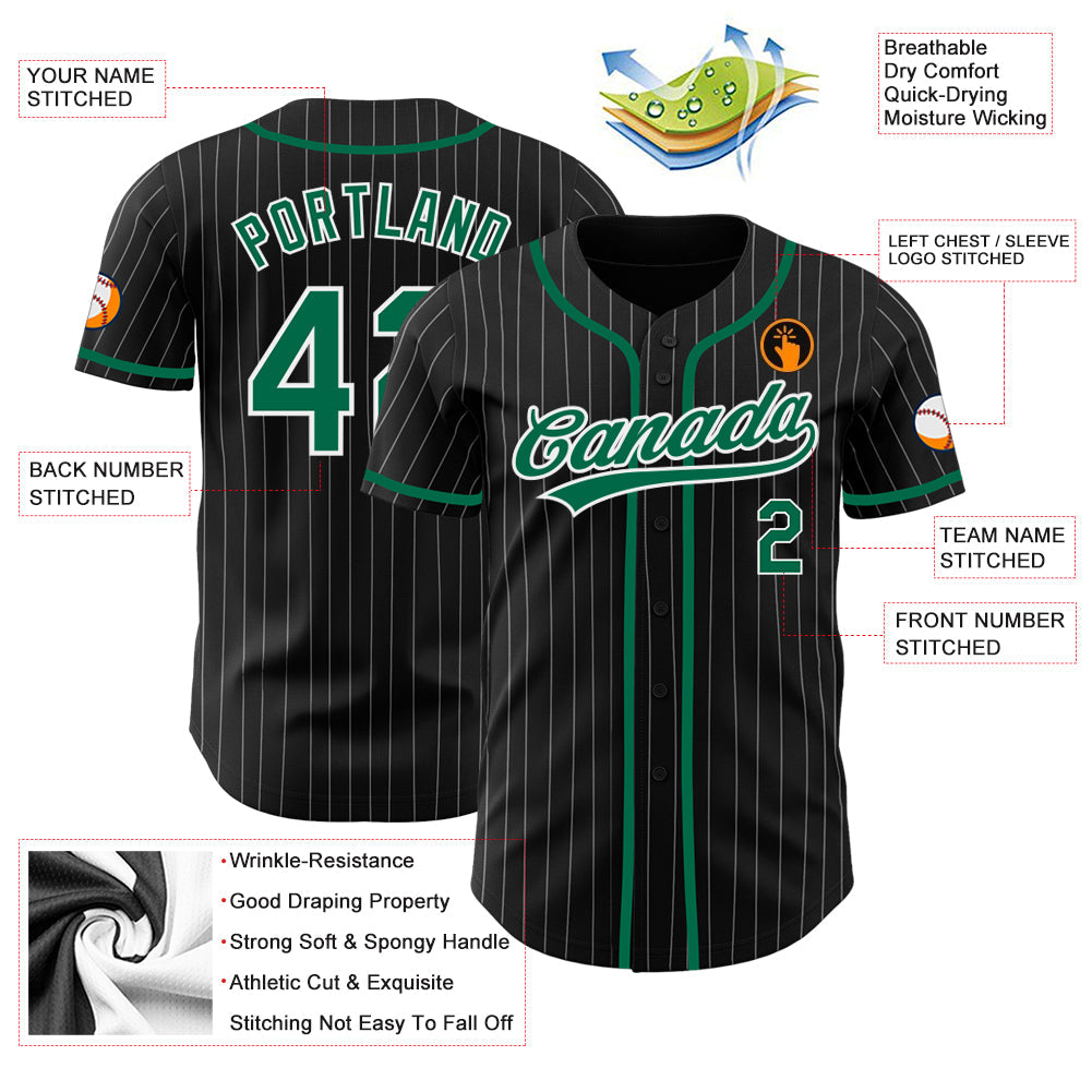 Custom Black White Pinstripe Kelly Green Authentic Baseball Jersey baseball jersey product view 4