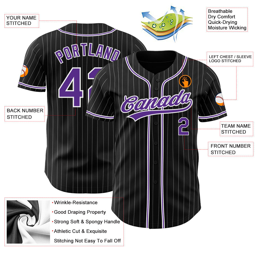 Custom Black White Pinstripe Purple Authentic Baseball Jersey baseball jersey product view 3