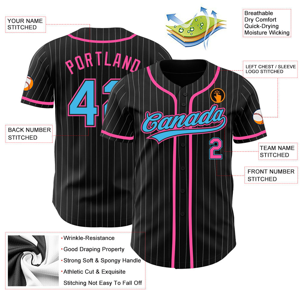 Custom Black White Pinstripe Sky Blue-Pink Authentic Baseball Jersey baseball jersey product view 3