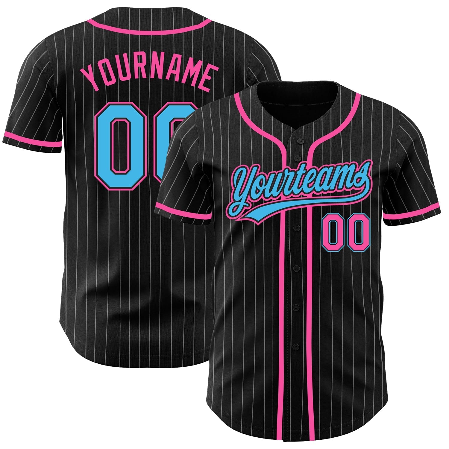 Custom Black White Pinstripe Sky Blue-Pink Authentic Baseball Jersey baseball jersey product view 1