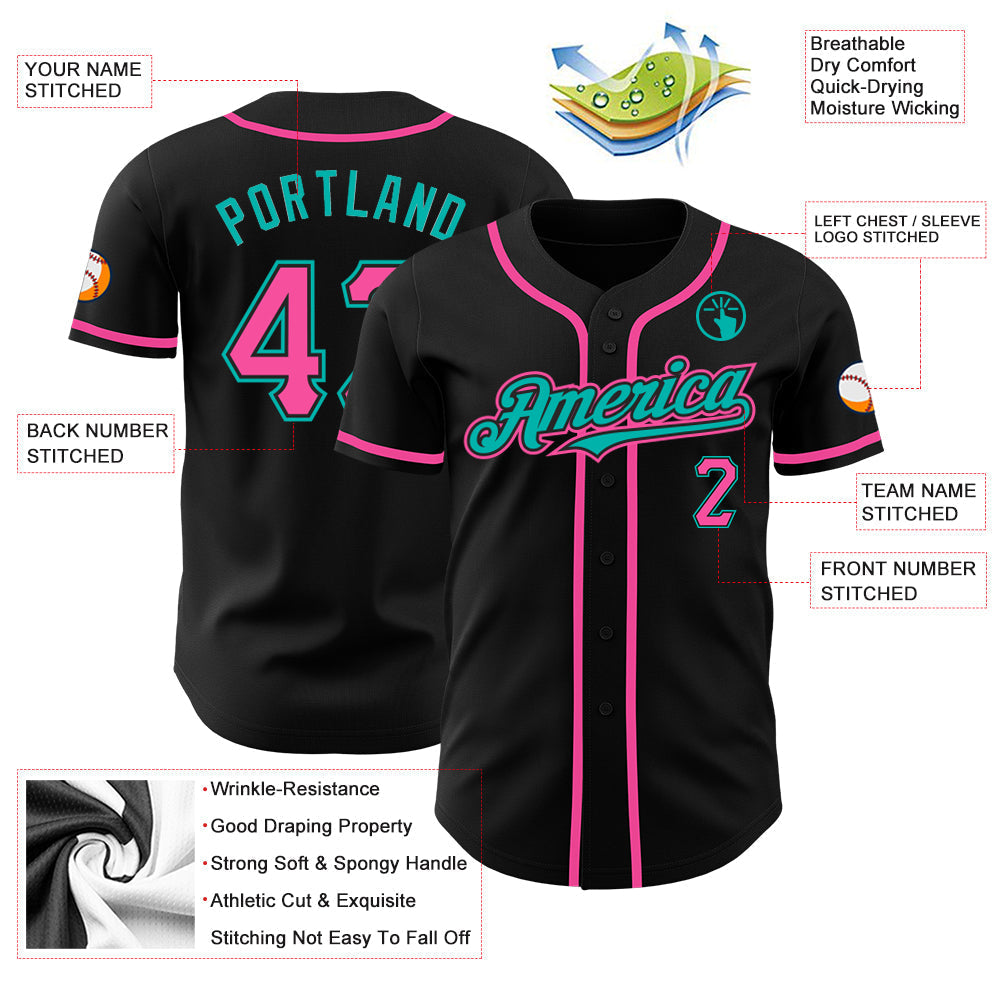 Custom Black Pink-Aqua Authentic Baseball Jersey baseball jersey product view 3