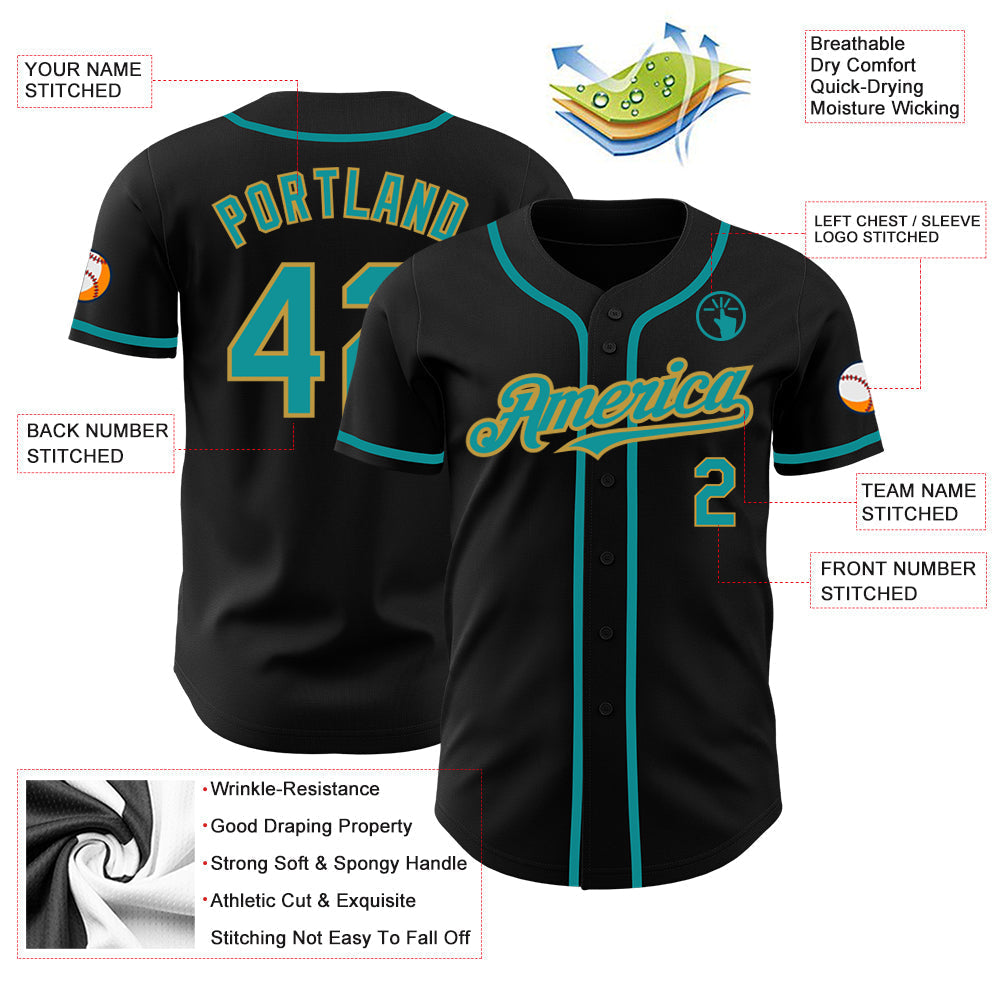 Custom Black Teal-Old Gold Authentic Baseball Jersey baseball jersey product view 3