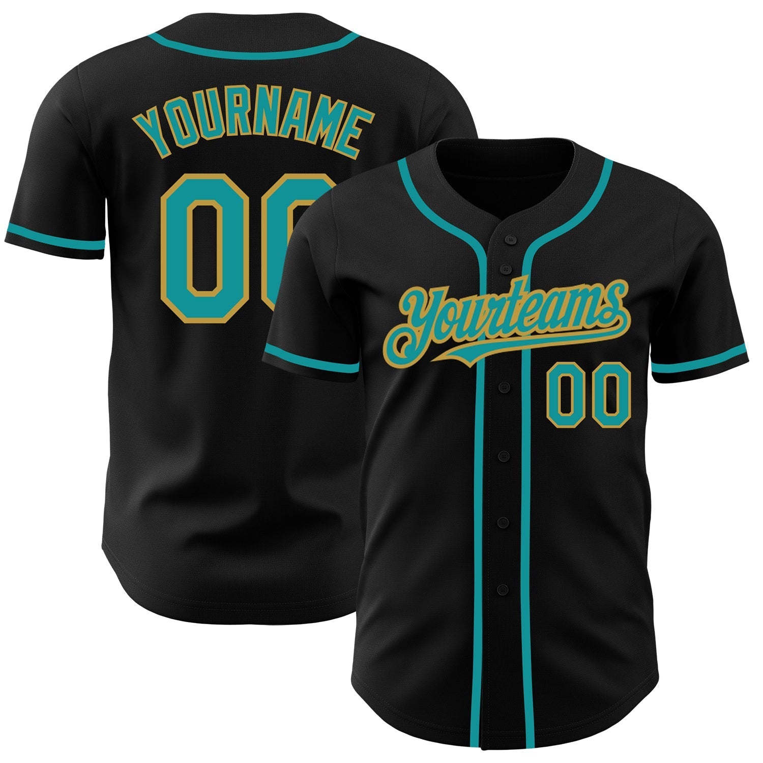Custom Black Teal-Old Gold Authentic Baseball Jersey baseball jersey product view 1