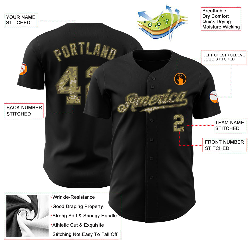 Custom Black Camo-Olive Authentic Baseball Jersey baseball jersey product view 4