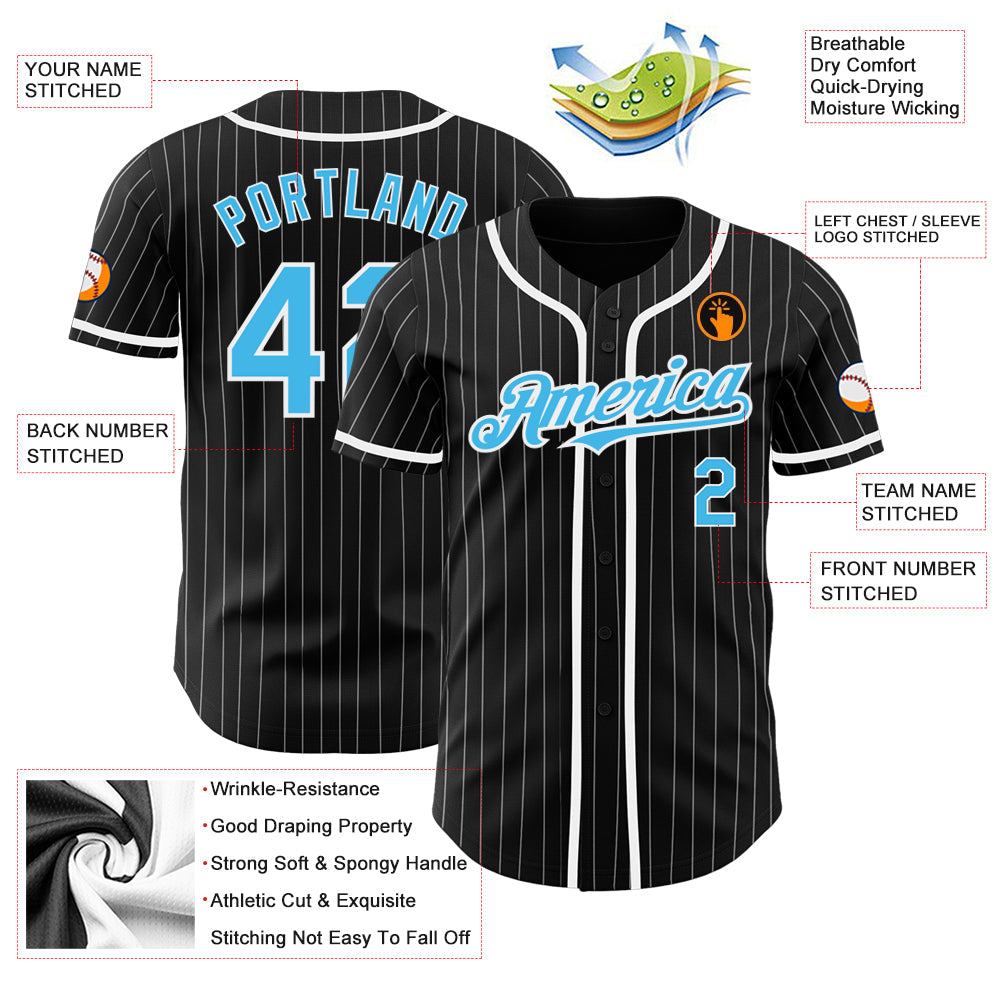 Custom Black White Pinstripe-Sky Blue Authentic Baseball Jersey baseball jersey product view 3