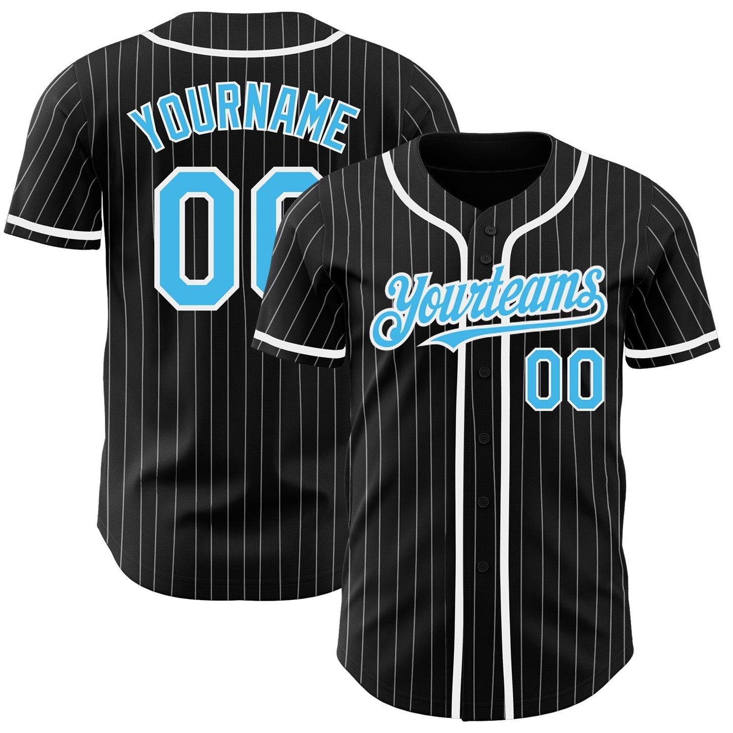 Custom Black White Pinstripe-Sky Blue Authentic Baseball Jersey baseball jersey product view 1