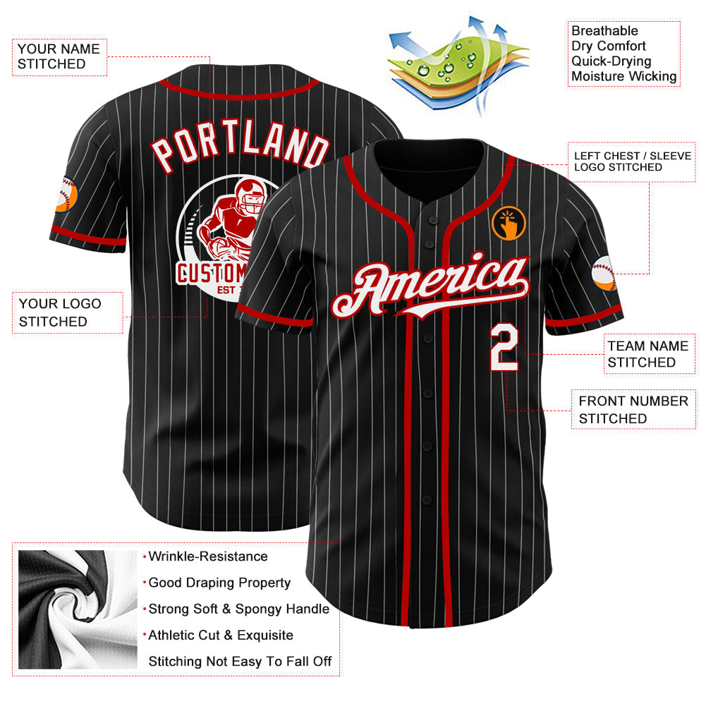 Custom Black White Pinstripe Red Authentic Baseball Jersey baseball jersey product view 3