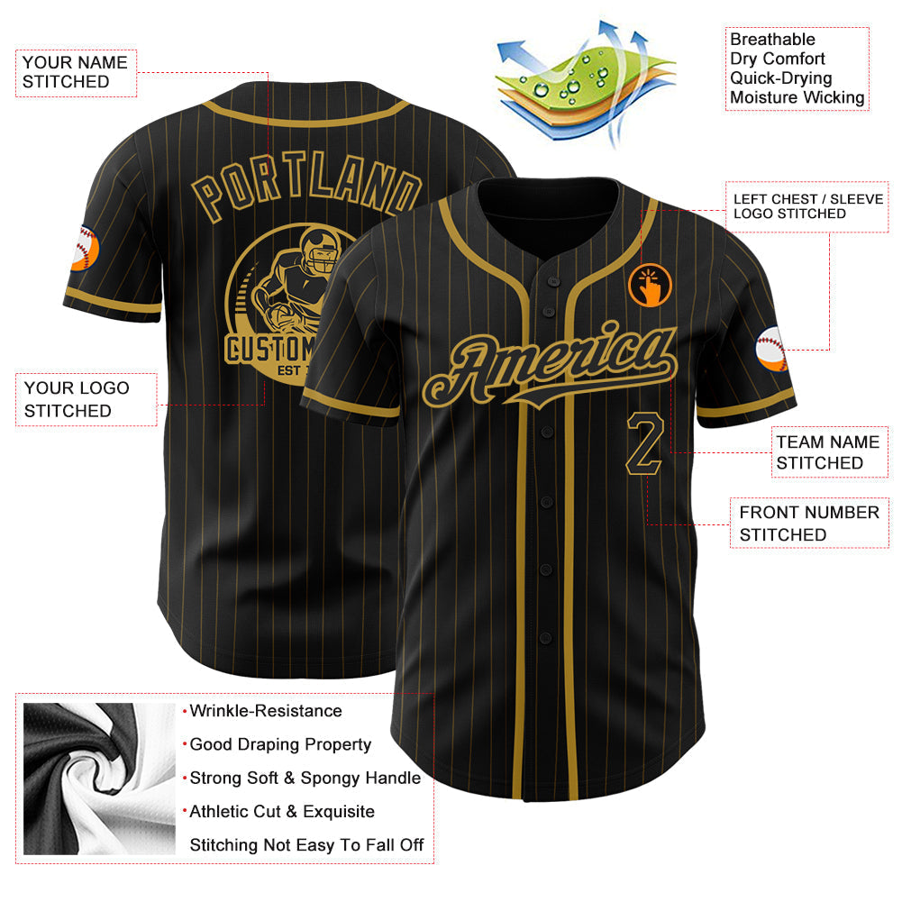 Custom Black Old Gold Pinstripe Old Gold Authentic Baseball Jersey baseball jersey product view 3