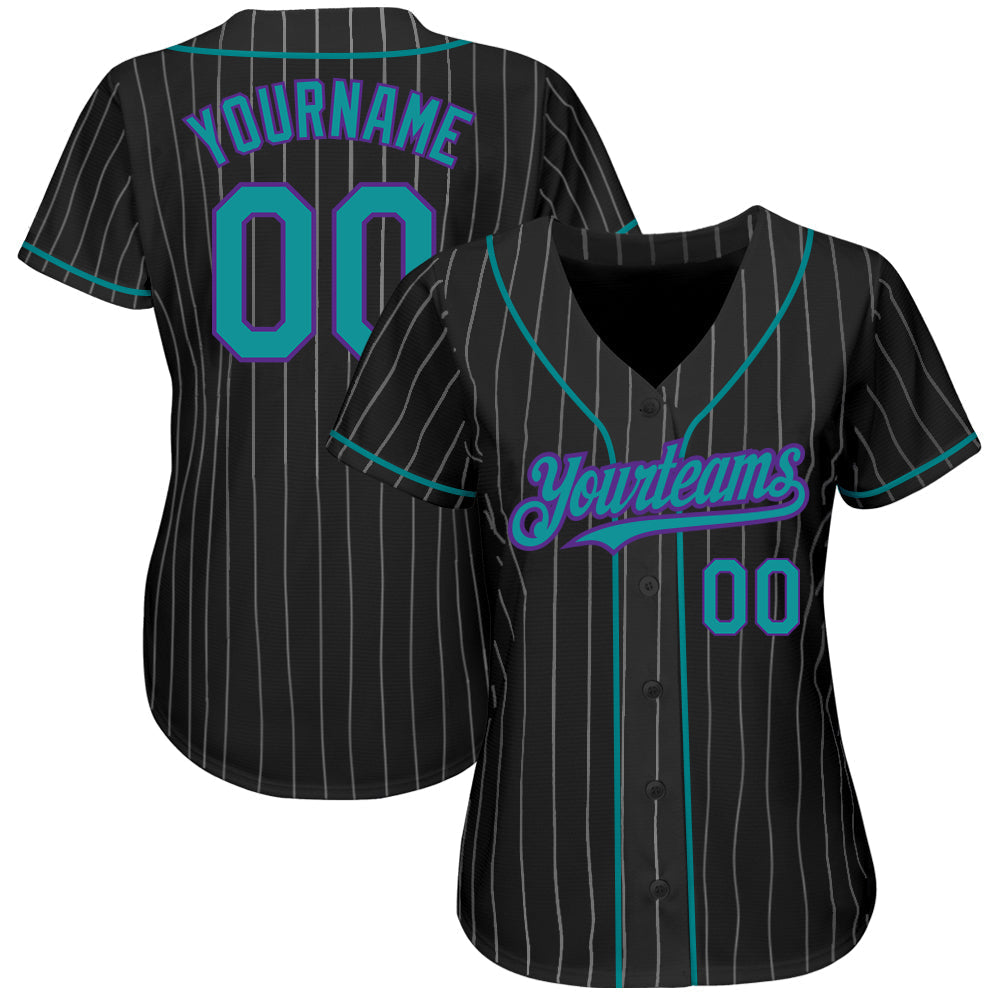 Custom Black White Pinstripe Teal-Purple Authentic Baseball Jersey baseball jersey product view 2
