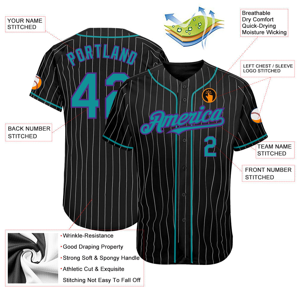 Custom Black White Pinstripe Teal-Purple Authentic Baseball Jersey baseball jersey product view 3