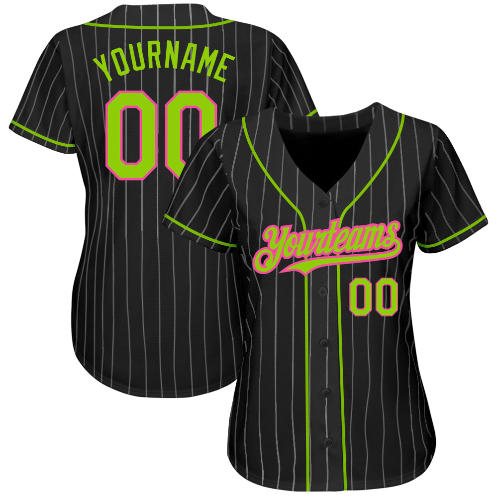 Custom Black White Pinstripe Neon Green-Pink Authentic Baseball Jersey baseball jersey product view 2