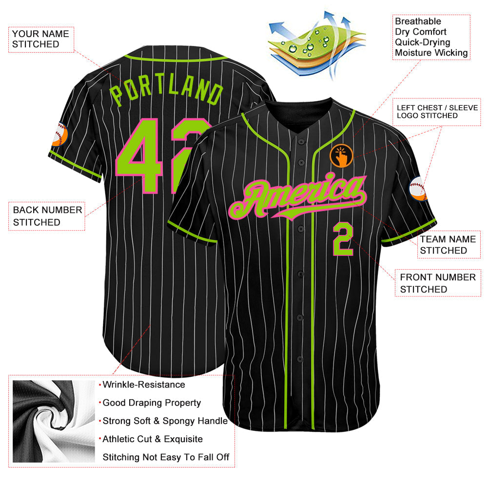 Custom Black White Pinstripe Neon Green-Pink Authentic Baseball Jersey baseball jersey product view 3