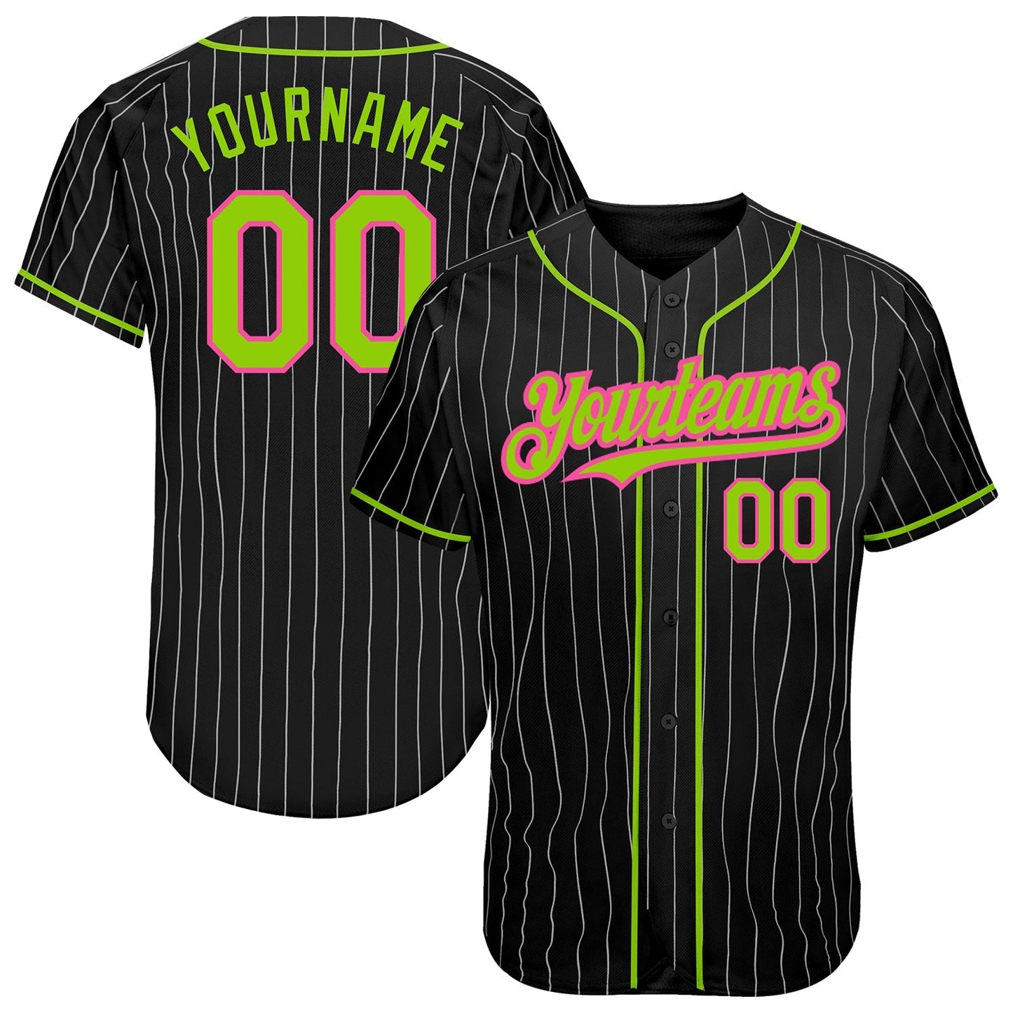Custom Black White Pinstripe Neon Green-Pink Authentic Baseball Jersey baseball jersey product view 1