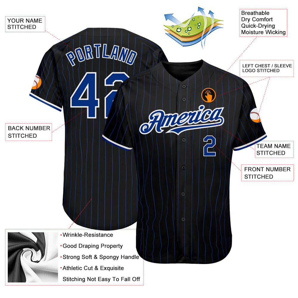 Custom Black Royal Pinstripe White Authentic Baseball Jersey baseball jersey product view 3