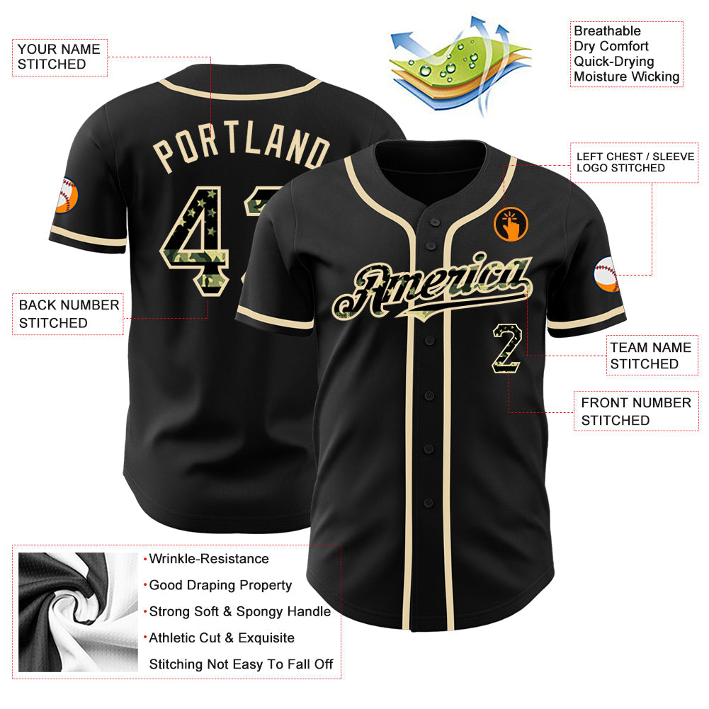 Custom Black Olive Camo USA Flag-City Cream Authentic Baseball Jersey baseball jersey product view 3