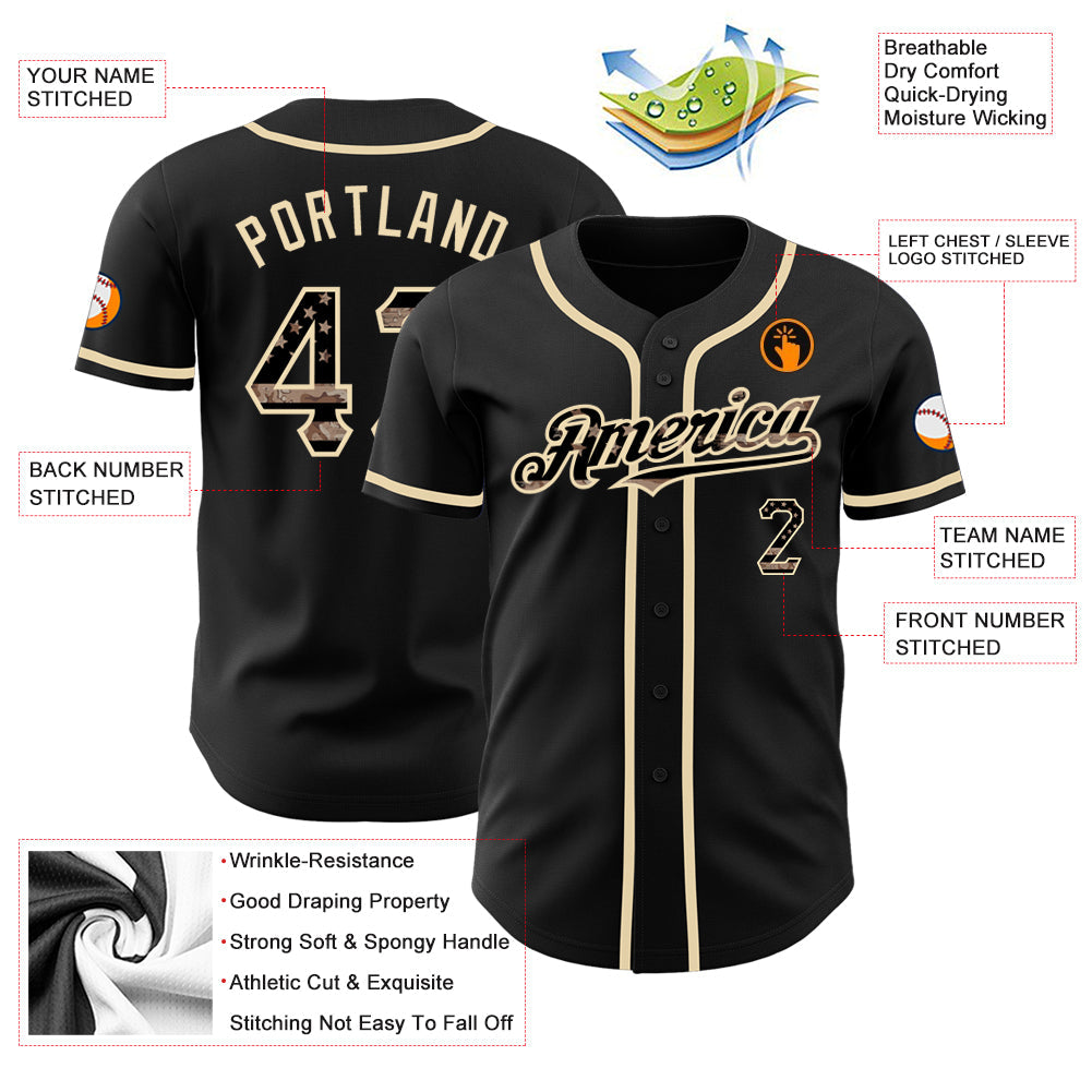 Custom Black Camo USA Flag-City Cream Authentic Baseball Jersey baseball jersey product view 3