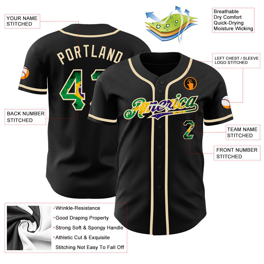 Custom Black Vintage Brazilian Flag-City Cream Authentic Baseball Jersey baseball jersey product view 3