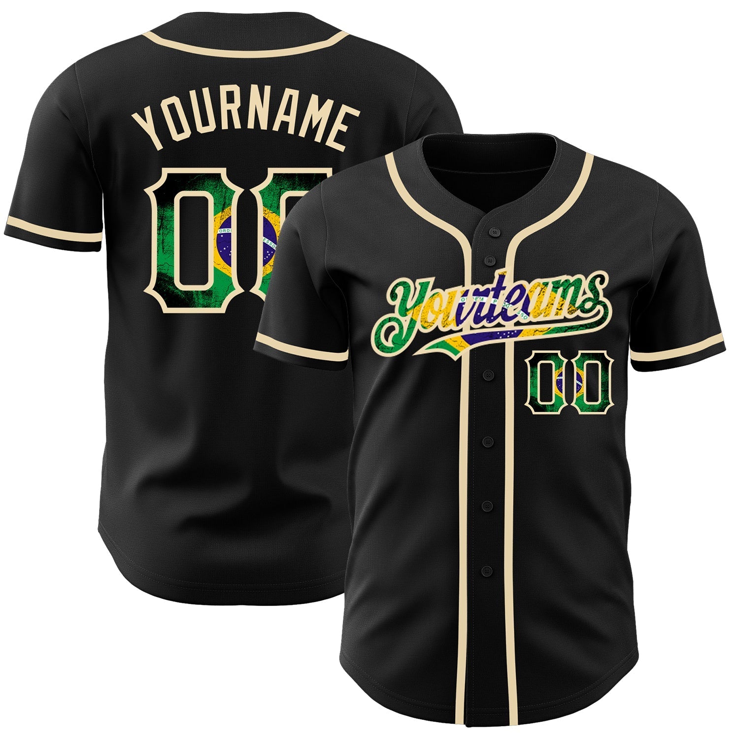 Custom Black Vintage Brazilian Flag-City Cream Authentic Baseball Jersey baseball jersey product view 1